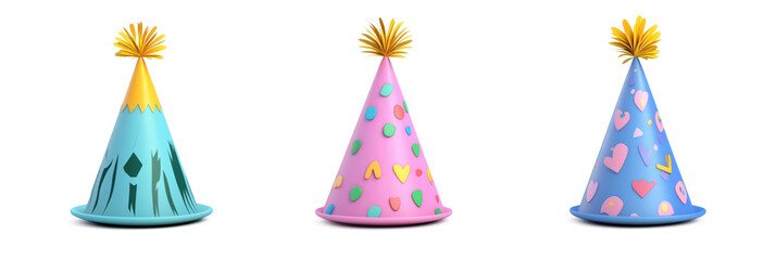 Colorful party hats with decorative designs, featuring blue, pink, and blue patterns. Each hat has a unique design and a golden top decoration., isolated on transparent background, png