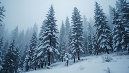 Winter Wonderland: Snowy Fir Trees in a Misty Forest, Generative AI
