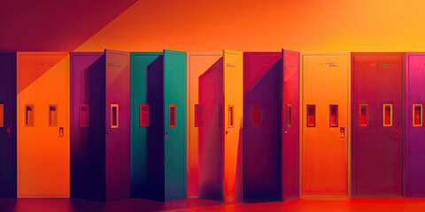 Fototapeta premium Row of Multicolored Doors in an Orange Room