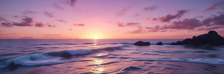 Obraz premium Soft pink and purple hues blending with the blues of the ocean at sunset, pink, purple