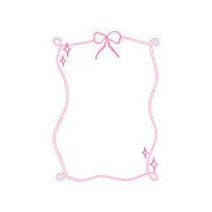 Whimsical coquette frame with bow and curly garland. Whimsical border pink coquette style. Vector illustration