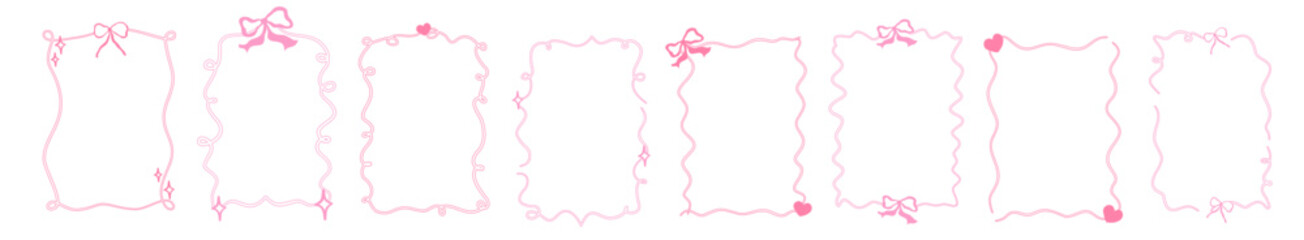Whimsical coquette frame with bow and curly garland. Whimsical border pink coquette style. Vector illustration