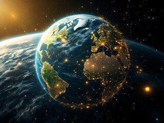 Obraz premium Earth, globe, space, night, lights, cities, continent, sunrise, dawn, atmosphere, stars, universe, planet, geography, map, technology, network, connections, urban, population, landmass, oceans, coast