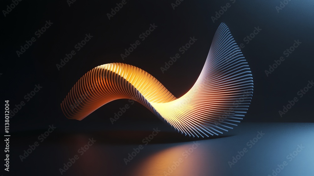 Poster a 3d rendering of an abstract, undulating shape, with light shining from the center.