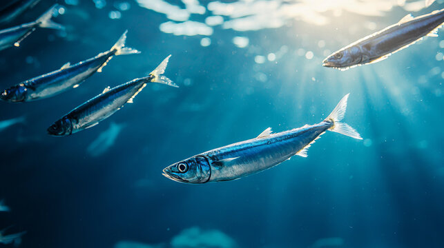 Sardine fish swimming gracefully underwater in ocean sunlight