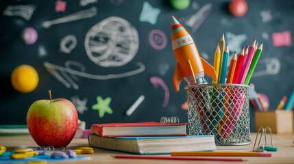 Imaginative Back-to-School Scene with Rocket and Space-Themed Chalkboard