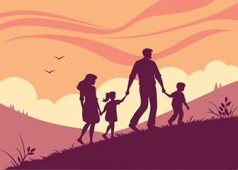 Silhouette of a family walking together on a grassy hill against a vibrant orange and red sunset sky