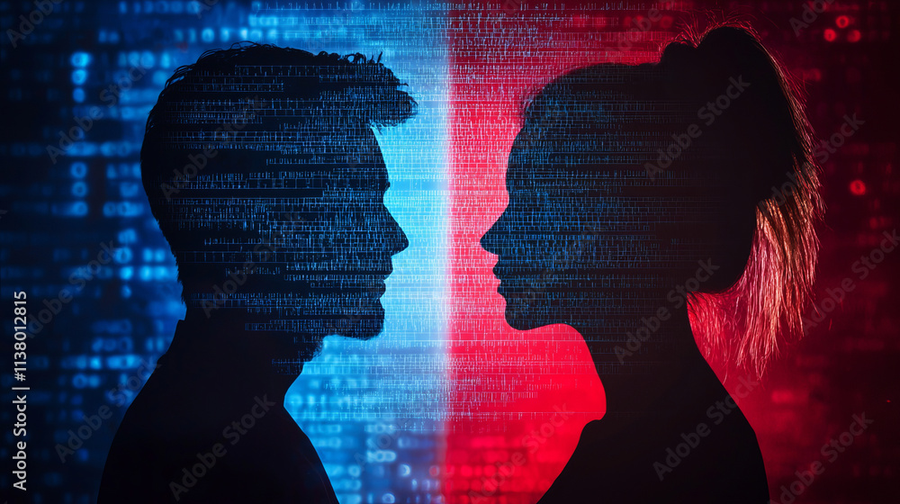 Poster digital silhouette of man and woman in binary code background