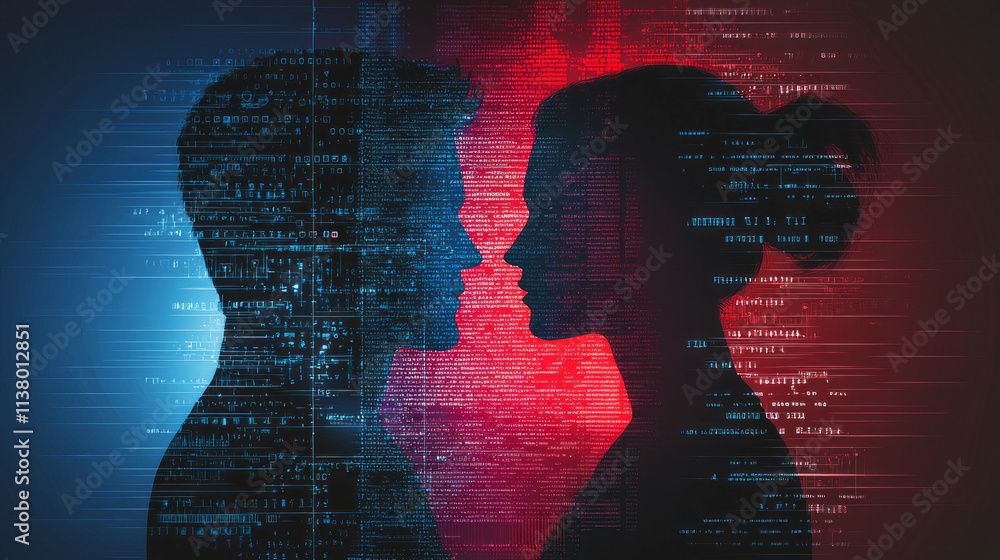 Poster silhouette of a man and woman in digital binary code background