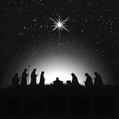Silhouette nativity scene with bright starry night sky, depicting birth of Jesus, Holy Family, shepherds, and wise men in a spiritual Christmas illustration of peace and faith