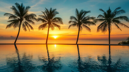 Obraz premium Silhouette of palm trees by swimming pool at sunset
