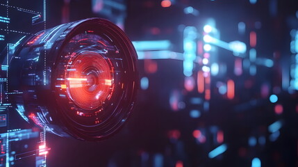 CCTV camera blue background with digital interface. Future technologies. Surveillance system, computerized room security technologies.