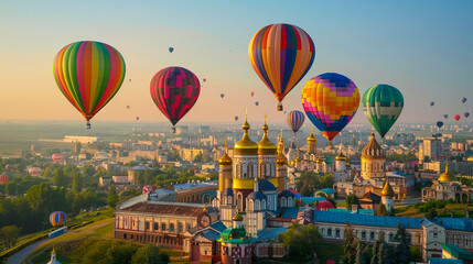 Obraz premium Colourful hot air balloons floating in the blue sky during a summer festival, capturing the essence of adventure and travel.