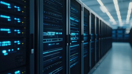 Quantum machines and computing development, A modern data center featuring rows of advanced servers with illuminated interfaces, emphasizing technology and connectivity.