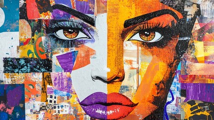 Obraz premium A woman's face is the focal point of this abstract, colorful collage.