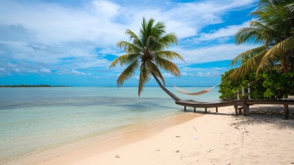 Luxurious tropical landscape. White sand with palm trees and azure sea. A heavenly place to relax. Beautiful exotic summer beach background for design.