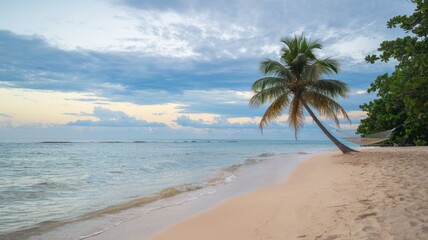 Fototapeta premium Luxurious tropical landscape. White sand with palm trees and azure sea. A heavenly place to relax. Beautiful exotic summer beach background for design.