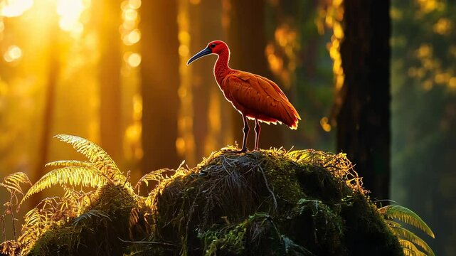 Scarlet ibis perched on mossy rock amidst golden sunlight in tranquil forest setting