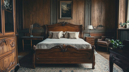 Elegant vintage bedroom with retro wooden bed and ornate decor