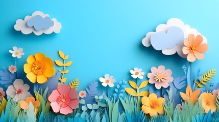 3D abstract paper cut illustration  of colorful paper, grass, flowers, cloud