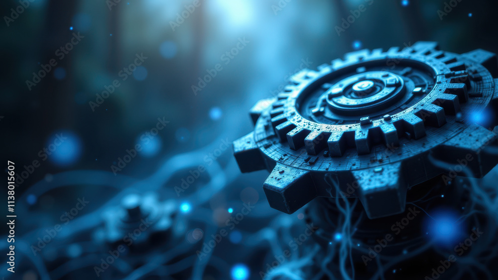 Poster a detailed illustration of a complex mechanical system set against a blue nebula backdrop, symbolizi