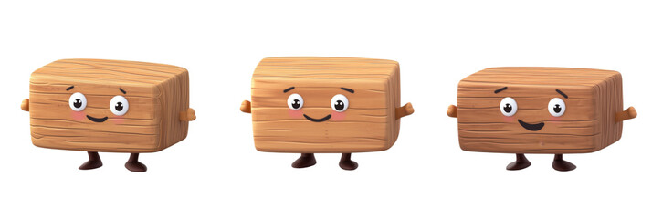 Cute wooden block characters with smiling faces, cartoonish design, three different expressions, playful and friendly appearance, isolated on transparent background, png