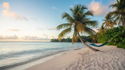 Fototapeta premium Luxurious tropical landscape. White sand with palm trees and azure sea. A heavenly place to relax. Beautiful exotic summer beach background for design.
