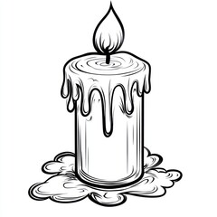 Melted candle with flame, line art.