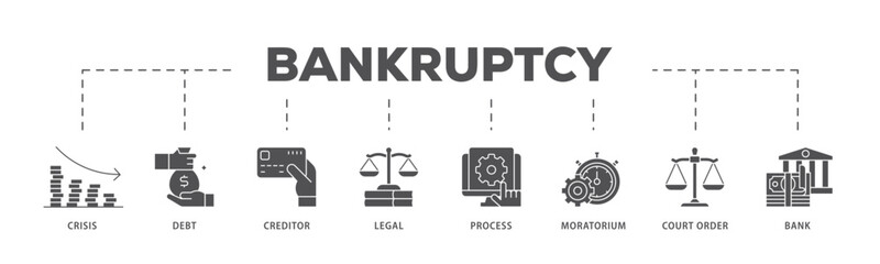 Bankruptcy infographic icon flow process which consists of bank ,court order, legal, moratorium, process, creditor, debt, crisis icon live stroke and easy to edit .
