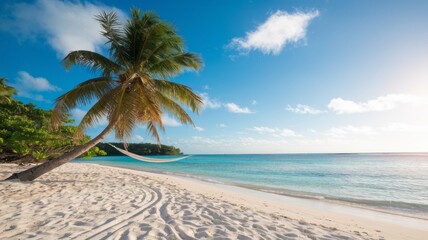 Fototapeta premium Luxurious tropical landscape. White sand with palm trees and azure sea. A heavenly place to relax. Beautiful exotic summer beach background for design.