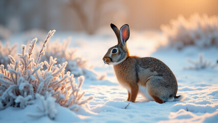 Obraz premium Clever rabbit in snowy field