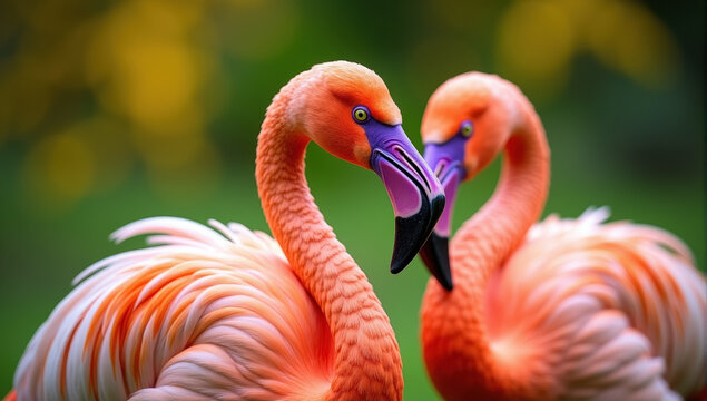 Two pink flamingos with purple beaks standing close together.