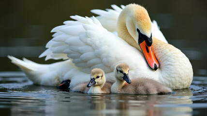 Obraz premium Swan with cygnets on water