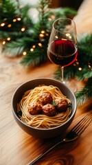 Overhead shot of a cozy dinner setup featuring a bowl of meatballs, spaghetti, and a glass of red wine, evoking a warm and inviting atmosphere.