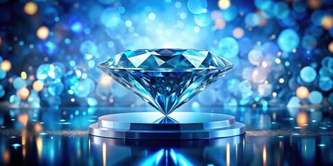 Showcase luxury: A dazzling diamond podium, bathed in blue bokeh, presents jewelry and cosmetics on a crystal 3D stand.