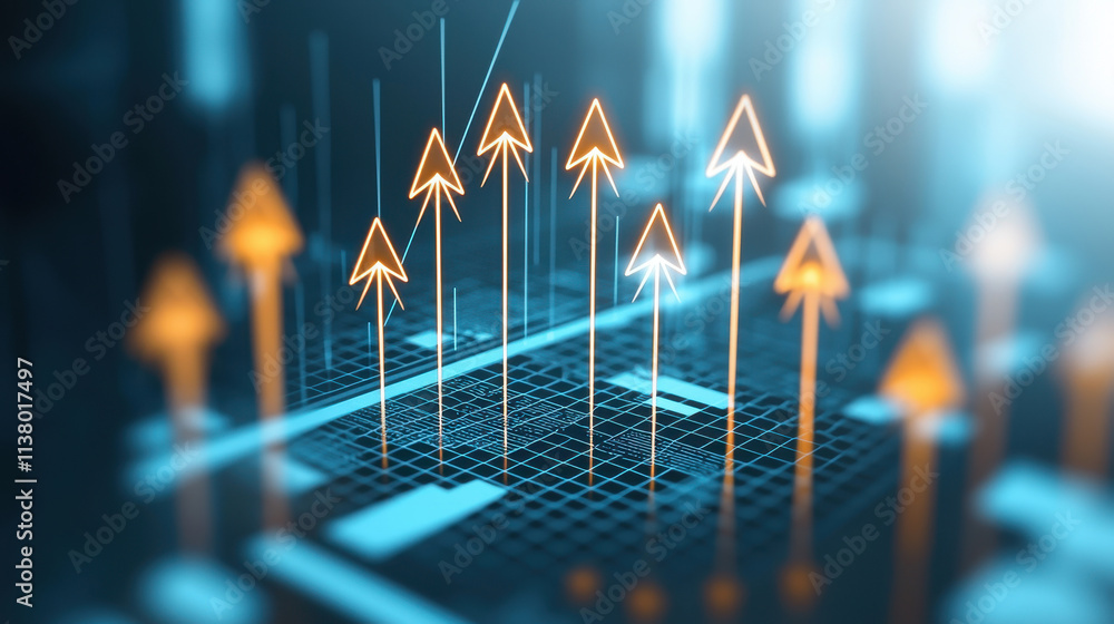 Poster abstract digital growth chart with arrows representing upward trends and progress.