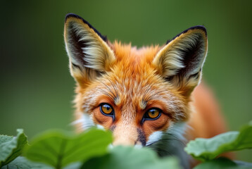 Obraz premium A fox with keen eyes and pointed ears stands amidst green foliage with a soft-focus background