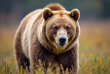 Fototapeta premium A bear stands alert in a field of wildflowers.