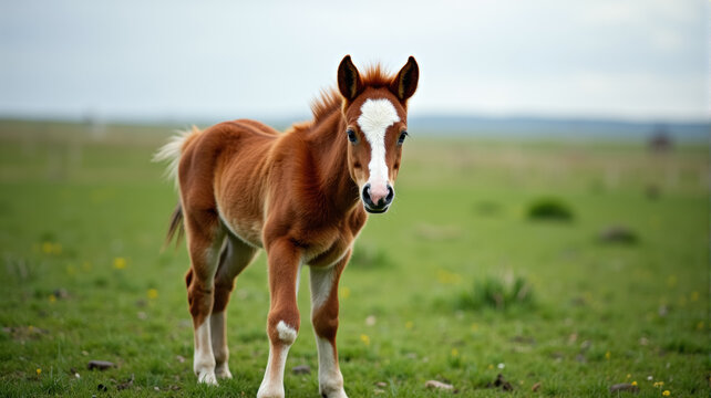 Young brown foal in a field