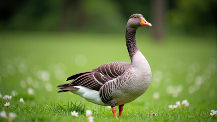 Fototapeta premium A single Canadian goose standing in a grassy field on a sunny day.