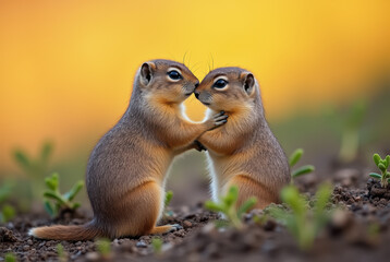 Two prairie dogs posing affectionately