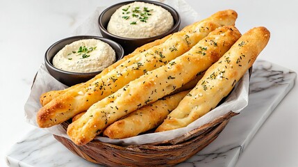 Crunchy breadsticks snack dipping concept. Fresh breadsticks served with creamy dips in a rustic basket.