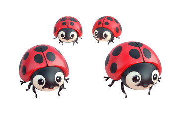 Fototapeta premium Cute ladybug toys, vibrant red with black spots, cartoonish design, playful expressions, varying sizes, suitable for children, isolated on transparent background, png
