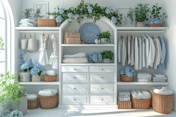 Bright white walk-in closet with blue hydrangeas, clothing, and wicker baskets.