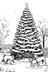 Dogs walk around the Christmas tree
