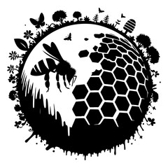 Vector silhouette of a piece of land with a honeybee on a white background. Symbol of nature and planet
