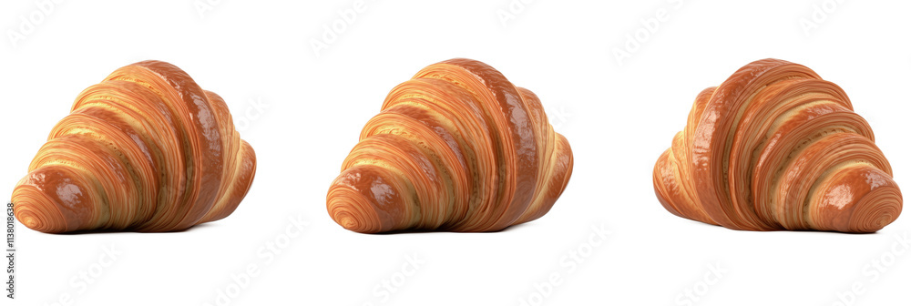 Poster croissants arranged in a row, showcasing flaky layers and golden-brown crusts. three croissants disp
