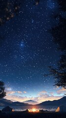 Fototapeta premium A serene night sky filled with stars over a campsite, highlighting nature's beauty.