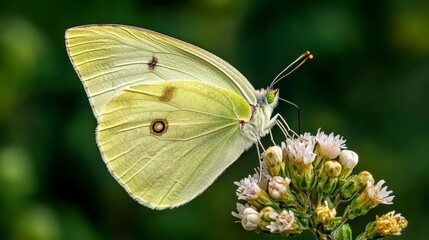Close-up of a delicate yellow butterfly perched on a blooming flower, showcasing intricate patterns and textures against a softly blurred green background.