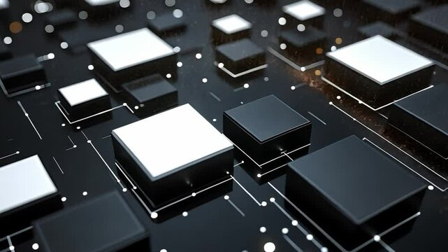 Abstract Digital Network: A captivating abstract image of a futuristic network, with white and black cubes arranged in a seamless pattern across a dark, sleek surface.